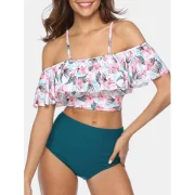 Floral Print Padded Flounce Bikini Set - White Fansmadedirect