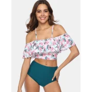 Floral Print Padded Flounce Bikini Set - White Fansmadedirect
