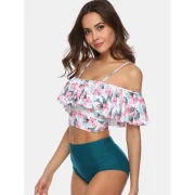 Floral Print Padded Flounce Bikini Set - White Fansmadedirect