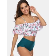 Floral Print Padded Flounce Bikini Set - White Fansmadedirect