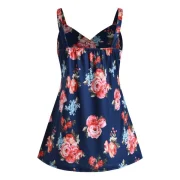 Floral Print Ruched Swing Tank Top - idnight Blue Fansmadedirect