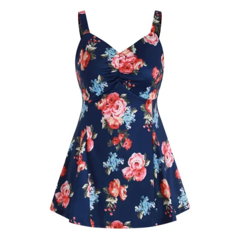 Floral Print Ruched Swing Tank Top - idnight Blue Fansmadedirect