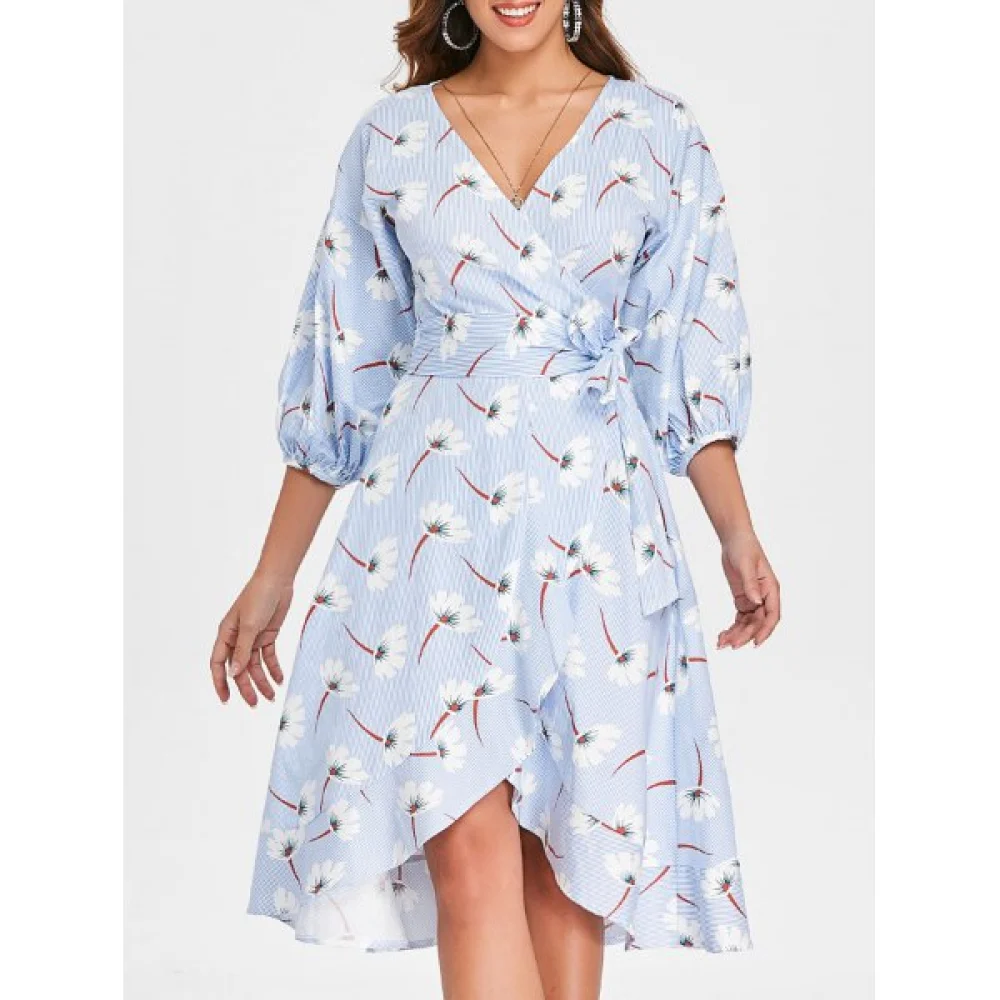 Floral Striped Wrap Dress - Baby Blue Fansmadedirect