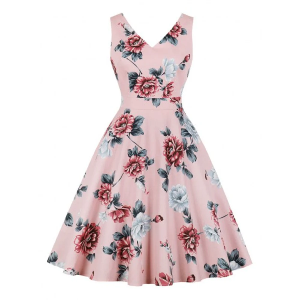 Floral V Neck 1950s Dress - Multi-a Fansmadedirect