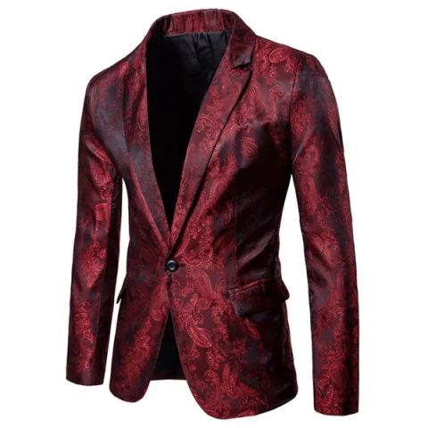 Florals Jacquard Lapel One Button Blazer - Red Wine Fansmadedirect