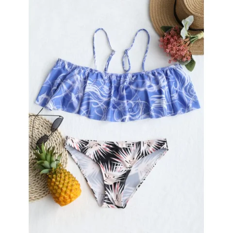 Flounce ow Waist Printed Bikini Set - ight Blue Fansmadedirect
