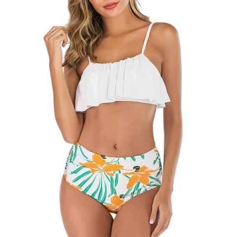 Flounce Plant Print Ruched Bikini Swimsuit - White Fansmadedirect