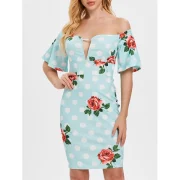 Flower and Polka Dot Print Slim Dress - Light Sky Blue Fansmadedirect
