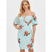 Flower and Polka Dot Print Slim Dress - Light Sky Blue Fansmadedirect