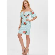 Flower and Polka Dot Print Slim Dress - Light Sky Blue Fansmadedirect