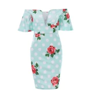 Flower and Polka Dot Print Slim Dress - Light Sky Blue Fansmadedirect