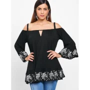 Flower Brim Open Shoulder Blouse - Black Fansmadedirect