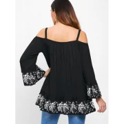 Flower Brim Open Shoulder Blouse - Black Fansmadedirect