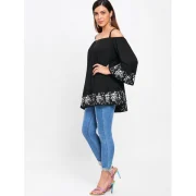 Flower Brim Open Shoulder Blouse - Black Fansmadedirect