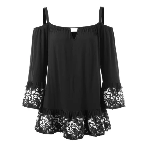Flower Brim Open Shoulder Blouse - Black Fansmadedirect