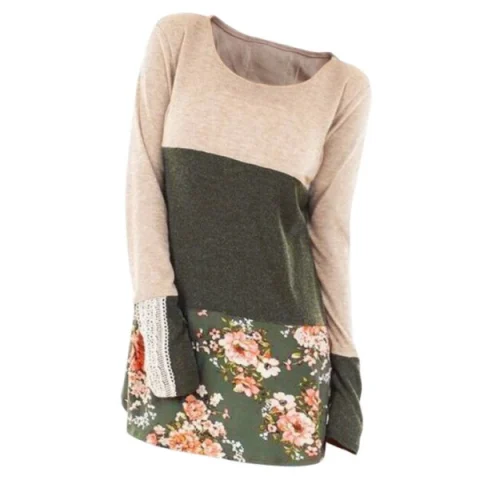 Flower Colorblock Guipure Panel Long Sleeve T-shirt - Fansmadedirect