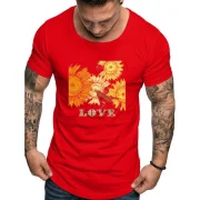 Flower etter Print Short Sleeves T-shirt - Red Fansmadedirect