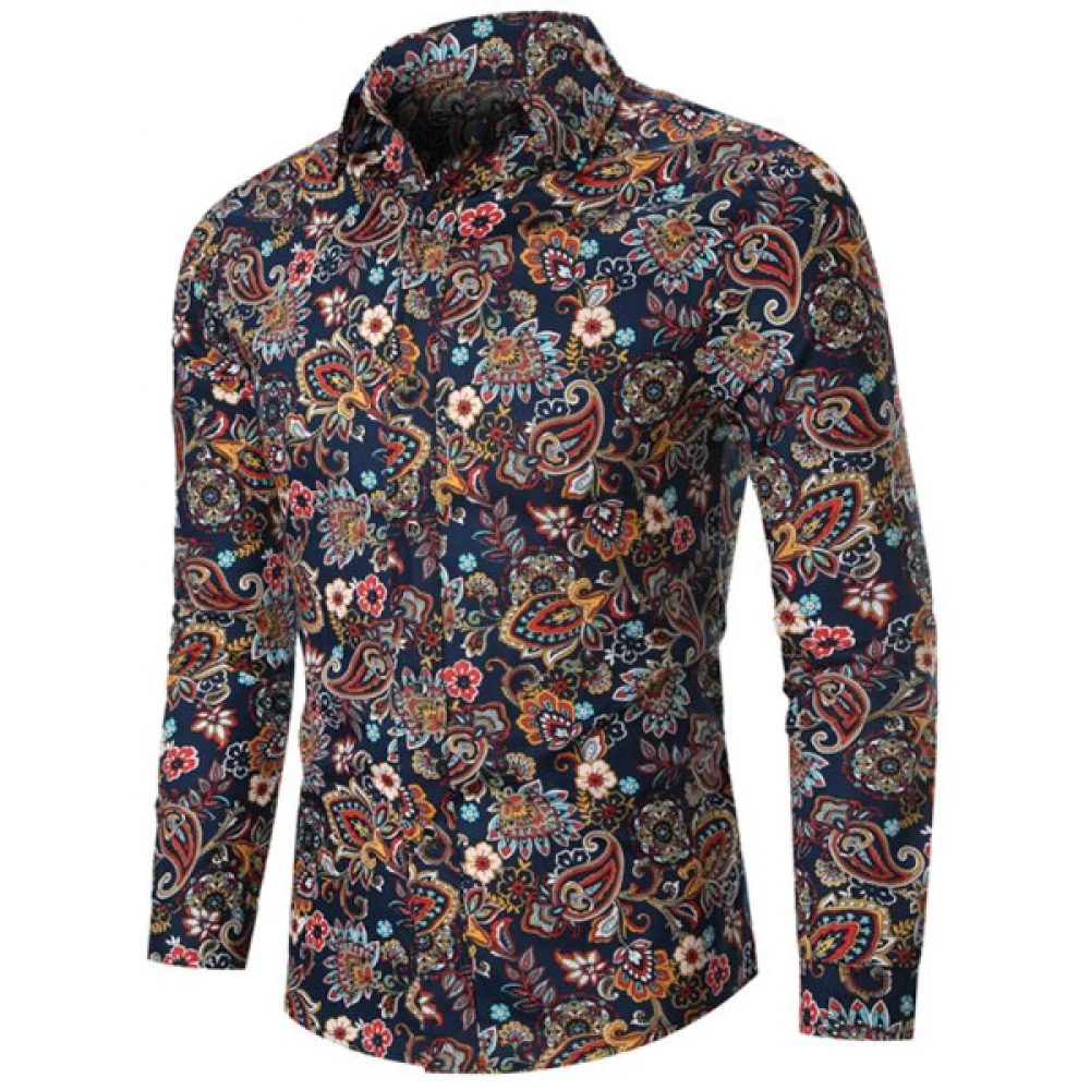 Flower Paisley Print Asymmetric Long Sleeve Shirt - Cadetblue Fansmadedirect