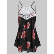 Flower Print Chiffon Crochet Panel Cami Top - Black Fansmadedirect