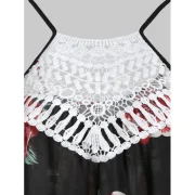 Flower Print Chiffon Crochet Panel Cami Top - Black Fansmadedirect