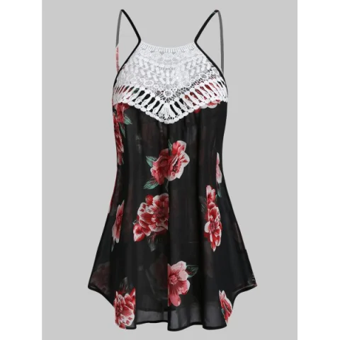 Flower Print Chiffon Crochet Panel Cami Top - Black Fansmadedirect