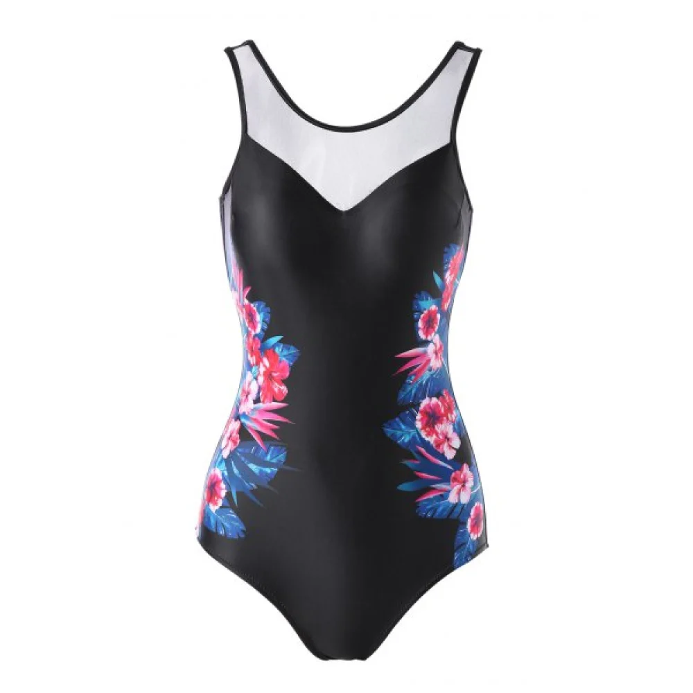 Flower Print One-piece Swimwear - Black Fansmadedirect