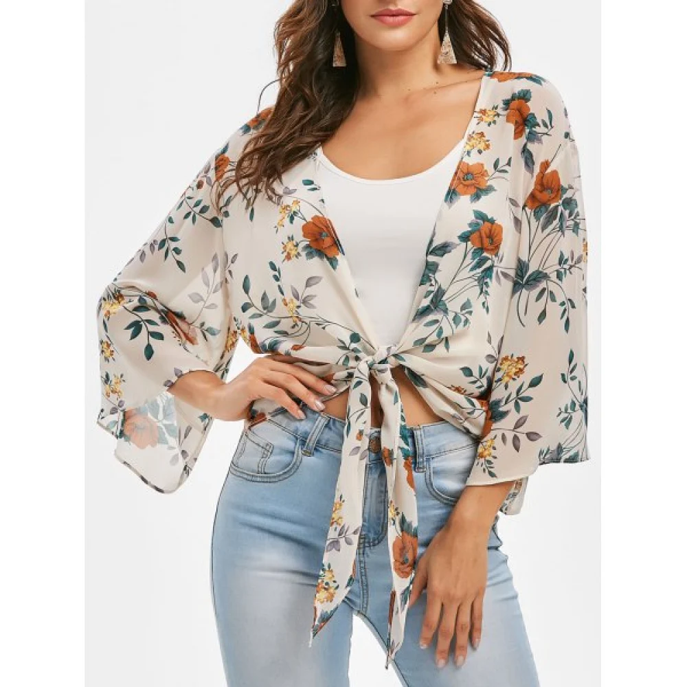 Flower Tie Hem Plunging Blouse - Fansmadedirect