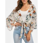 Flower Tie Hem Plunging Blouse - Fansmadedirect