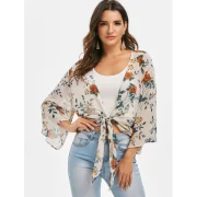Flower Tie Hem Plunging Blouse - Fansmadedirect