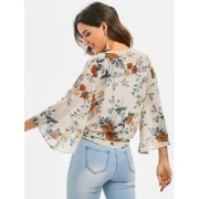 Flower Tie Hem Plunging Blouse - Fansmadedirect