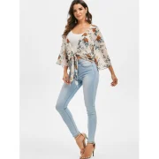 Flower Tie Hem Plunging Blouse - Fansmadedirect