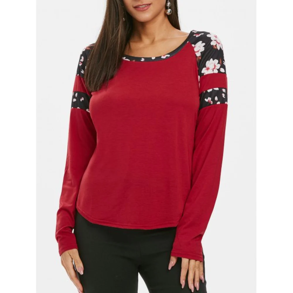 Flower Trim Raglan leeve Curved T hirt - Red Wine Fansmadedirect