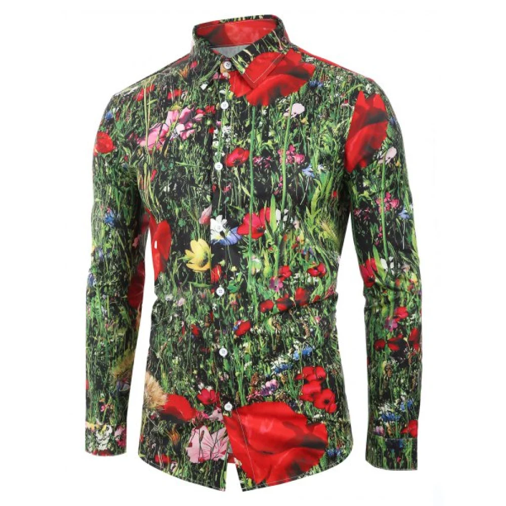 Flowering Shrubs Printed Long Sleeves Shirt - Jungle Green Fansmadedirect
