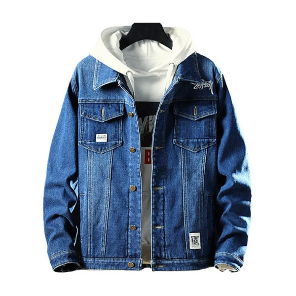 Fluffy Faux Fur Front Pocket Denim Jacket - Blue Fansmadedirect