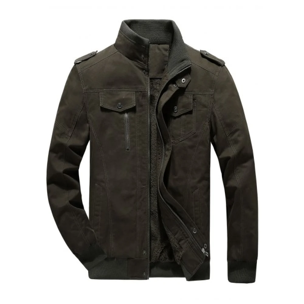 Fluffy Lined Warm Stand Collar Pockets Jacket - Army Green Fansmadedirect
