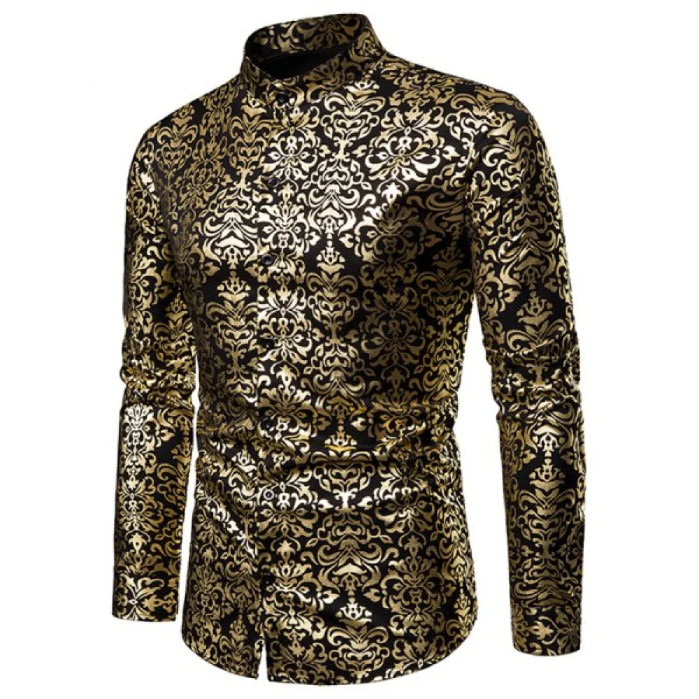 Foil Print Stand Collar Long Sleeve Shirt - Black Fansmadedirect