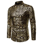 Foil Print Stand Collar Long Sleeve Shirt - Black Fansmadedirect