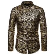 Foil Print Stand Collar Long Sleeve Shirt - Black Fansmadedirect