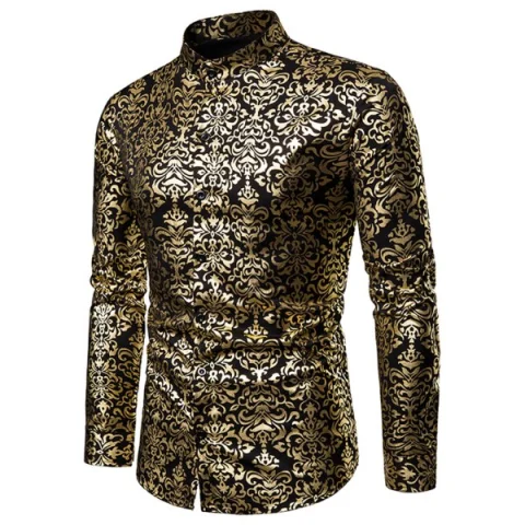Foil Print Stand Collar Long Sleeve Shirt - Black Fansmadedirect