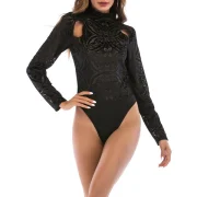 FRENCH BAZAAR High Neck Long Sleeve Bodysuit - Black Fansmadedirect