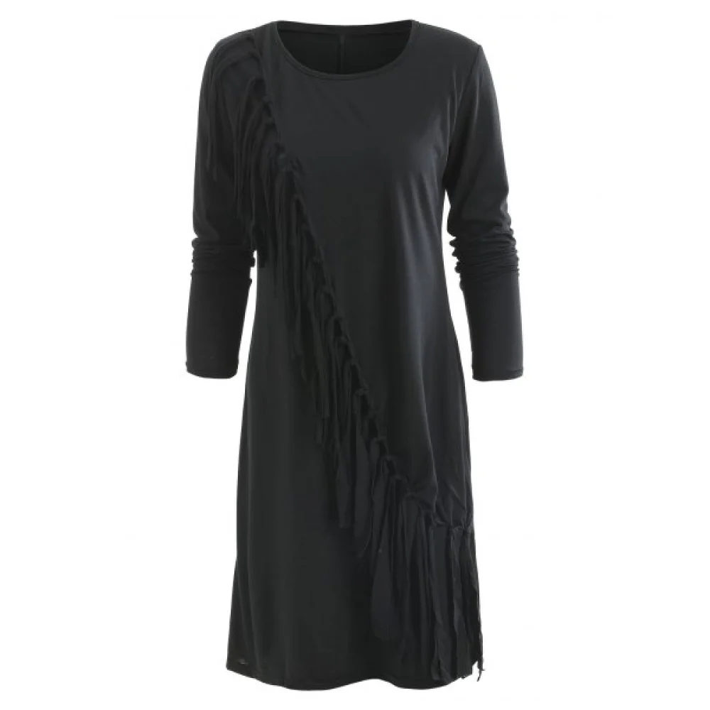 Fringe Asymmetrical Hem Mini Dress - Black Fansmadedirect