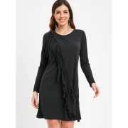 Fringe Asymmetrical Hem Mini Dress - Black Fansmadedirect