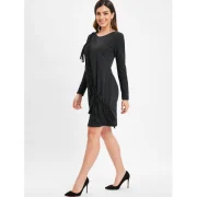 Fringe Asymmetrical Hem Mini Dress - Black Fansmadedirect