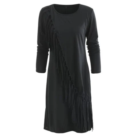 Fringe Asymmetrical Hem Mini Dress - Black Fansmadedirect