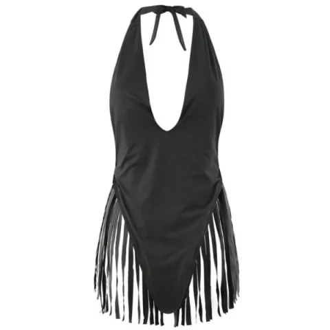 Fringes High eg Halter Swimsuit - Black Fansmadedirect