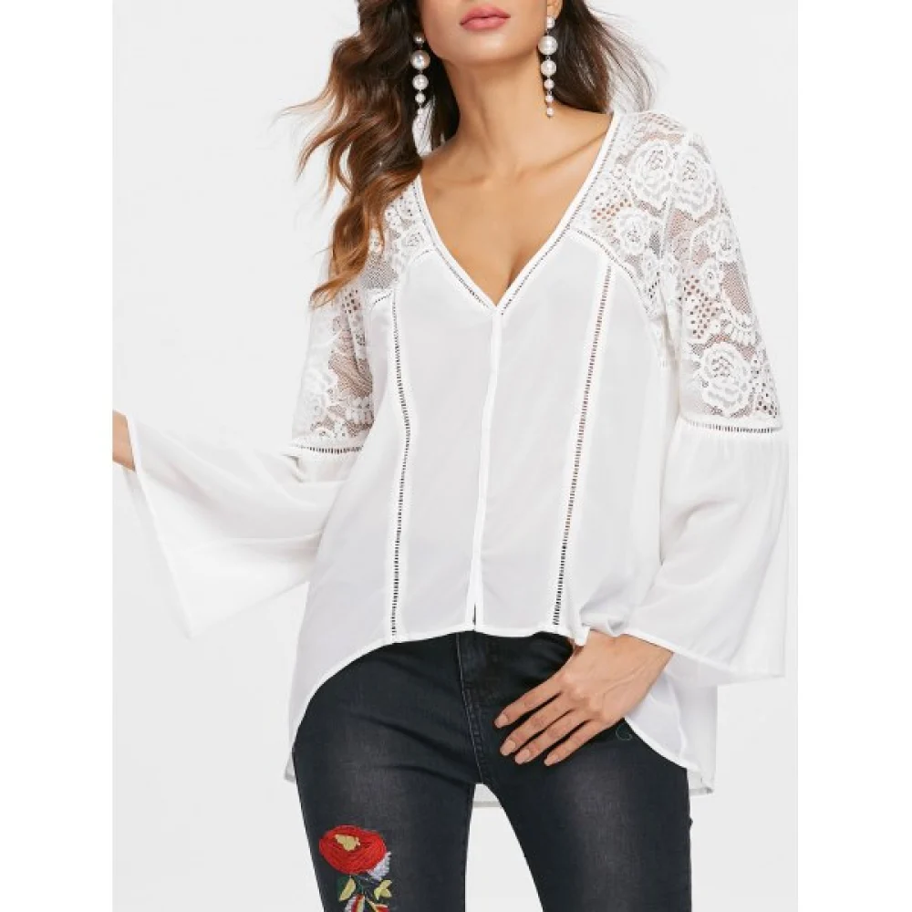 Full Sleeve Lace Panel Asymmetrical Blosue - White Fansmadedirect