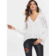 Full Sleeve Lace Panel Asymmetrical Blosue - White Fansmadedirect