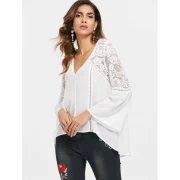 Full Sleeve Lace Panel Asymmetrical Blosue - White Fansmadedirect