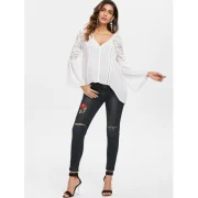 Full Sleeve Lace Panel Asymmetrical Blosue - White Fansmadedirect