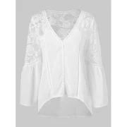 Full Sleeve Lace Panel Asymmetrical Blosue - White Fansmadedirect